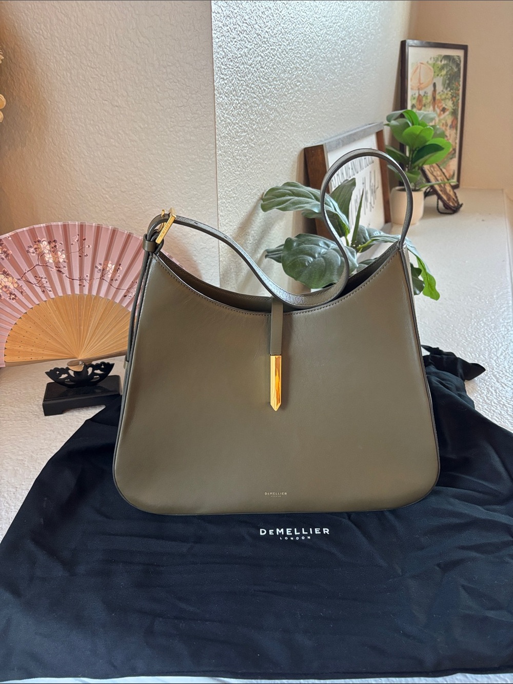 DeMellier Olive Leather Tokyo Bag with Gold Accent
